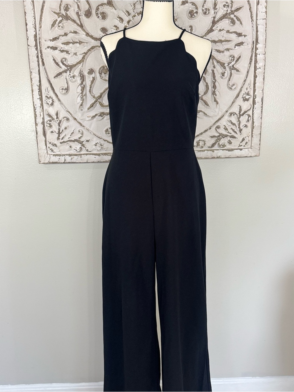 Lush Black Scalloped Wide Leg Jumpsuit – Size Large
